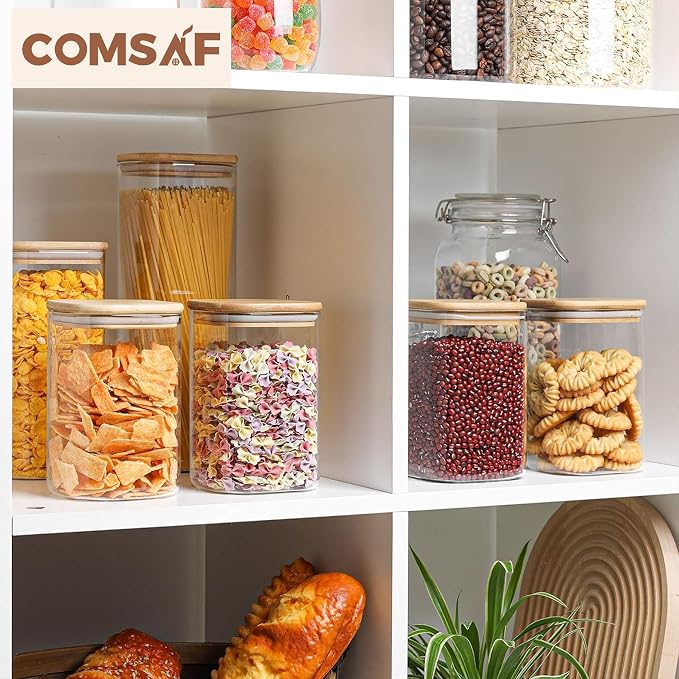 ComSaf Square Glass Containers With Lids 1.2 Qt, Set of 4 Pantry Galss Jars | Kitchen Glass Pantry Storage Containers, Storage Canisters, Silicone Seal, Dry Food, Cookie, Flour, Spice, Coffee, BPA Free