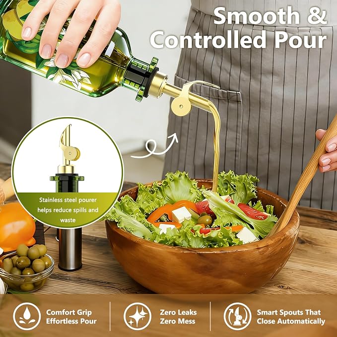 Olive Oil Dispenser Bottle for Kitchen, 12oz/350ml Extra Thick Glass Oil and Vinegar Cruet with Stainless Steel Pourer, Funnel & Cleaning Brush, Premium Oil Dispenser Set (Lemon)