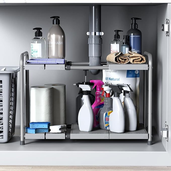 Simple Houseware Under Sink 2-Tier Heavy Duty Expandable Organizer, Silver | Adjustable Width 15.75–25 Inches with 4 Shelf Height Levels