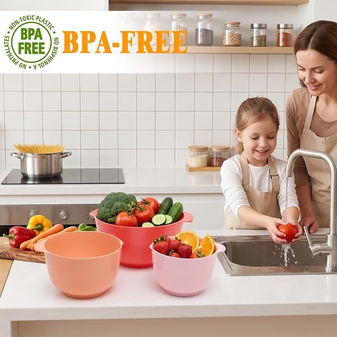 BoxedHome Mixing Bowls Set of 4, BPA Free Plastic,Microwave Safe, Rose Red | 4.5/3.5/2.5/1.7 quarts,Non-slip Base Large Nesting Bowl with Pour Spout, Dishwasher Safe, for Prep, Cooking,Baking