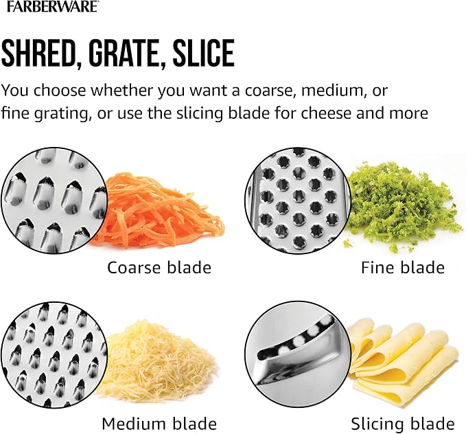 Farberware Slim Box Grater with Storage Container, Stainless Steel 4-Sided Cheese Grater with 1-Cup Catch Cup, Lid, and Non-Slip Base - Dishwasher Safe Kitchen Grater for Cheese, Vegetables, and More