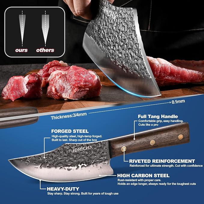 3-Piece Hand Forged Butcher Knife Set with High Carbon Steel | Includes Meat Cleaver and Boning Knife with Full Tang Design for BBQ and Meat Preparation