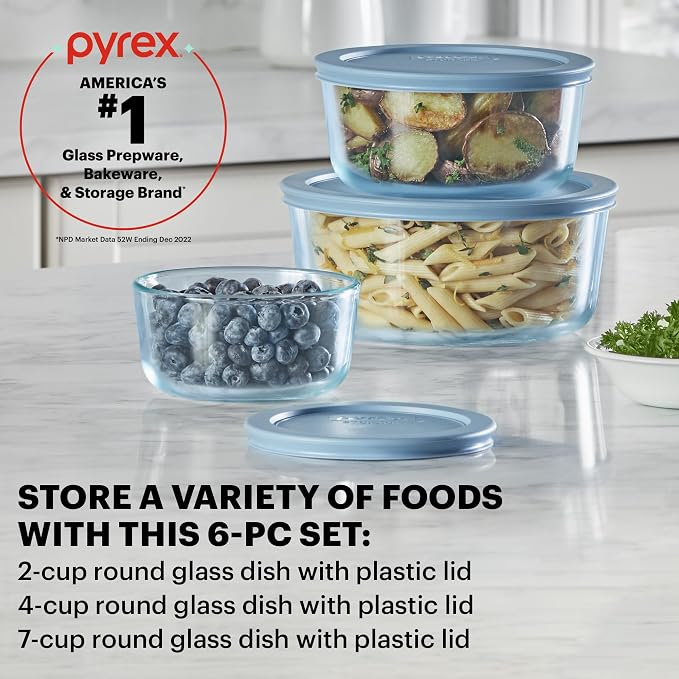 Pyrex Colors Tinted (6-Piece) Small/Medium Round Food Storage Containers | Meal prep containers (2, 4 & 7 cup) with snug fit plastic BPA-free lid, freezer, dishwasher, & microwave safe