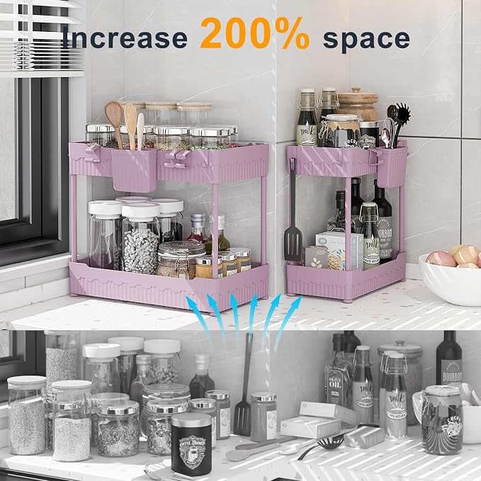 2-Pack Under Sink Organizer with Hooks & Hanging Cup for Kitchen | Multi-use kitchen & bathroom storage, 12.8 inch pink cabinet organizer, with hooks and hanging cup for easy access.