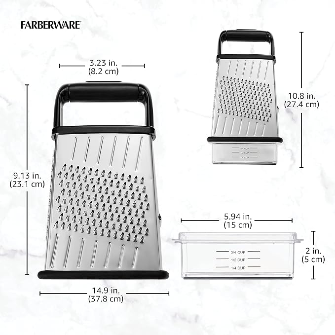 Farberware Slim Box Grater with Storage Container, Stainless Steel 4-Sided Cheese Grater with 1-Cup Catch Cup, Lid, and Non-Slip Base - Dishwasher Safe Kitchen Grater for Cheese, Vegetables, and More