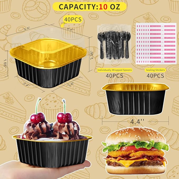 10oz Aluminum Foil Brownie Pans with Lids and Spoons, 40 Pack Square 4”X4” Disposable Ramekins Muffin Tins,Mini Cake Pans Baking Cups,Individual Cupcake Containers Dessert Cups - Black Gold
