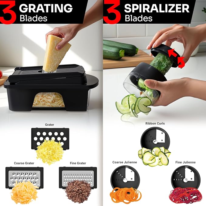 MUELLER HOME ULTIMATE 12 Blade Vegetable Chopper, Mandoline Slicer and Spiralizer, Dicer, Grater, Kitchen Essentials & Accessories, Black