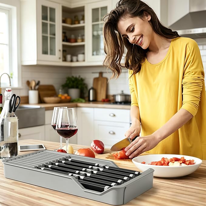 RIIPOO Expandable Drawer Knife Organizer, Adjustable Kitchen In-Drawer Knife Block Holder