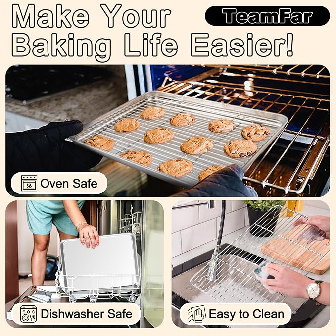 TeamFar Baking Sheet with Rack Set, 3 Pans + 3 Racks, 19.6/16/12.5 Inch | Stainless Steel Cookie Sheets Baking Pans Trays and Cooling Racks for Cooking, Non-Toxic & Heavy Duty, Dishwasher Safe