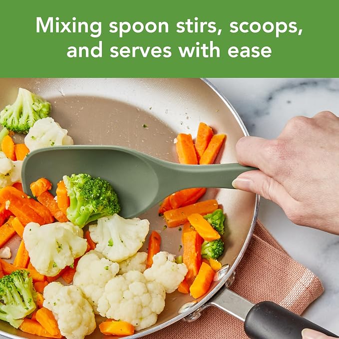 Tovolo Elements Silicone Spoon Set of 2 Mixing and Slotted Spoon Bundle for Non Stick Cooking Mixing Serving, Dishwasher Safe Heat Resistant Slotted Spoon and Mixing Serving Spoon, Thyme Green