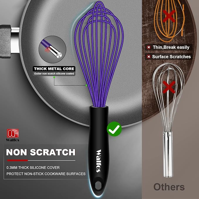 Walfos Silicone Whisk, Non Scatch Coated Whisk for Cooking & Baking- Set of 3-Heat Resistant Kitchen Whisks for Non-stick Cookware, Balloon Egg Wisk Perfect for Blending, Beating, Frothing （Blue）