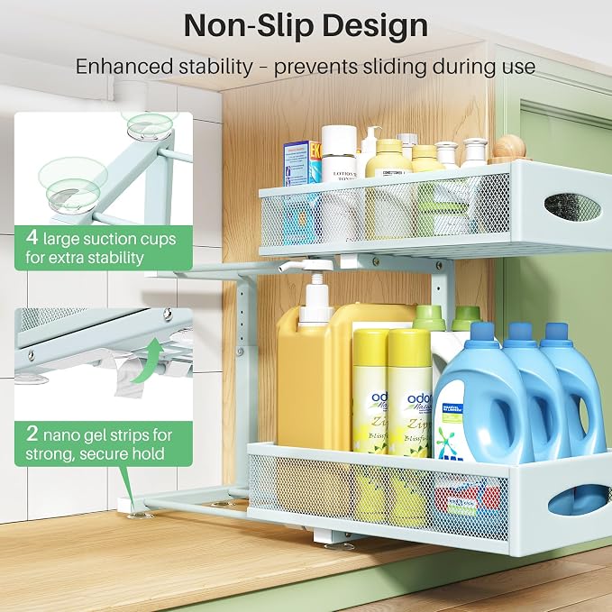 Under Sink Organizer, 2 Tier Pull out Cabinet Organizer Baskets with Mesh Sliding Drawers, Slide out Storage Shelf for Home, Kitchen, Bathroom, Pantry, Office Cabinet(1 Pack, Blue)