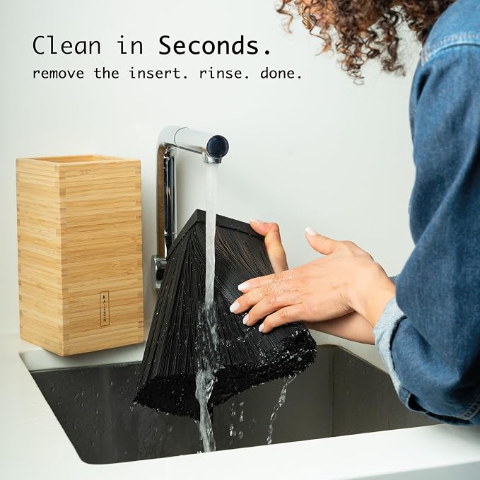 KAIZEN Bamboo Knife Block Without Knives - Perfectly Sized Universal Knife Holder for Knives, Scissors - Unique Knife Storage for Counter Top with Anti-Slip Base (Black)
