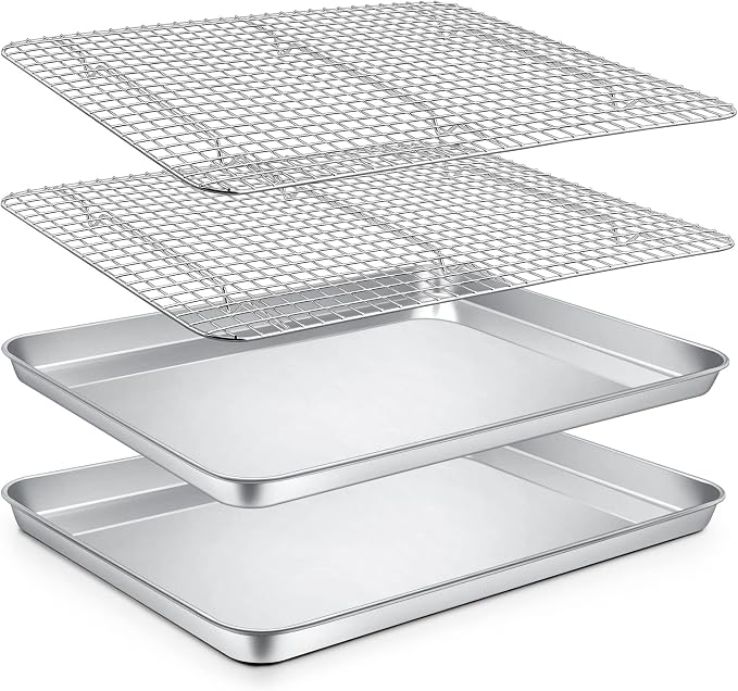 P&P CHEF 16 Inch Baking Sheet Pan and Cooking Rack - 4 Pieces | 2x Cookie Sheet + 2x Grid Rack, Stainless Steel Oven Tray with Wire Rack for Oven Baking, Healthy & Sturdy & Easy to Clean