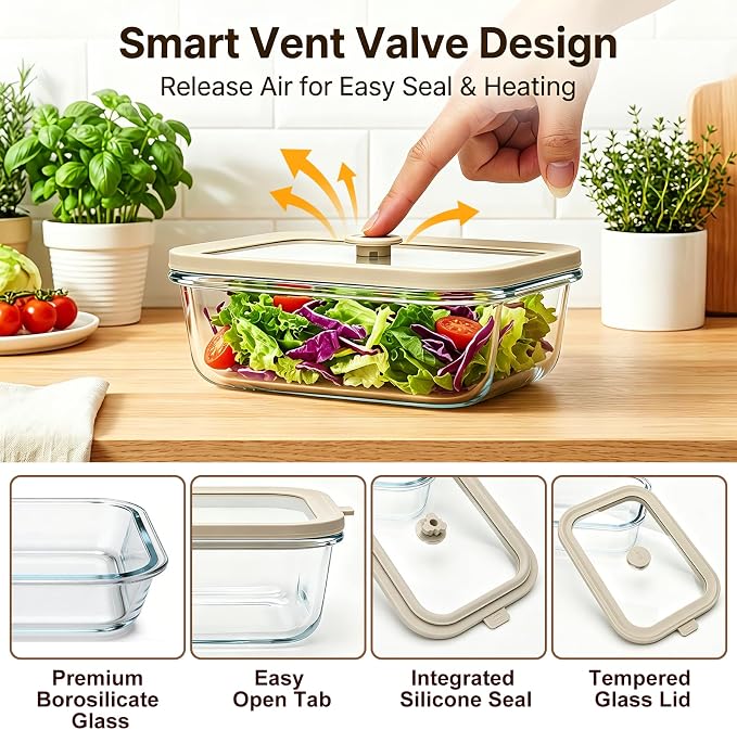 21 oz Glass Meal Prep Containers with Glass Lids, 6 Pack | Airtight Glass Glass Food Storage Containers, Non Toxic Glass Lunch Containers for Leftovers, Microwave, Oven, Freezer