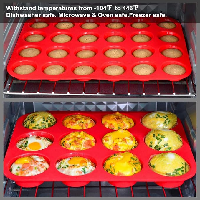 Silicone Muffin Pan Cupcake Set, Non-Stick Regular 12 Cups and Mini 24 Cups,Silicone Baking Molds,BPA Free Muffin Tin with 1 Silicone Spatula & 1 Oil Brush (Red) | Silicone Baking Molds ,BPA Free Muffin Tin with 1 Spatula & 1 Oil Brush，BPA-Free, Dishwa...