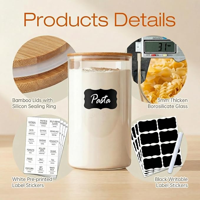 HomArtist Glass Jars with Bamboo Lids 28 floz [Set of 8], Glass Canisters with Airtight Lids, Glass Food Storage Containers for Pasta, Oats, Coffee, Flour, Sugar, Rice, Best for Kitchen & Pantry | Pantry Jars for Pasta, Rice, Sugar & Flour, Durable Bor...