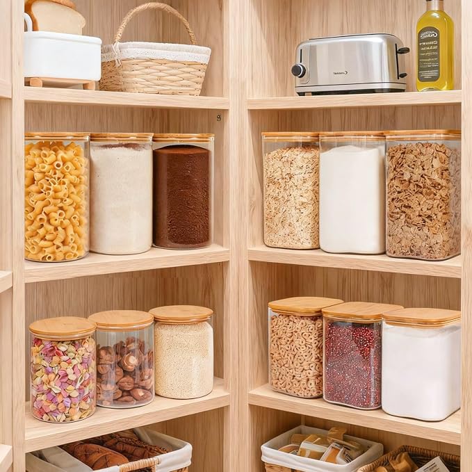 Glass Flour Containers with Bamboo Lids 1.6/4.6 Qt 2 Pack | Wide Mouth, Scoop Included, Kitchen Organizer，Flour Sugar Coffee Beans Pasta Cereal Dry Food Storage