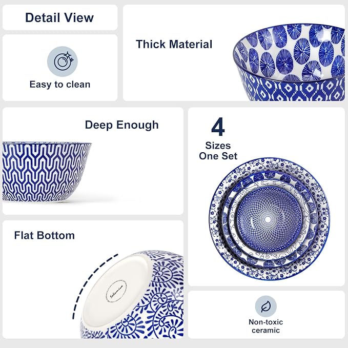 Selamica Ceramic Mixing Bowls, Nesting Bowls Set of 4 for Mixing, Baking, Prepping, Cooking, Salad, 20/36/60/123 oz, Microwave & Dishwasher Safe, Vintage Blue