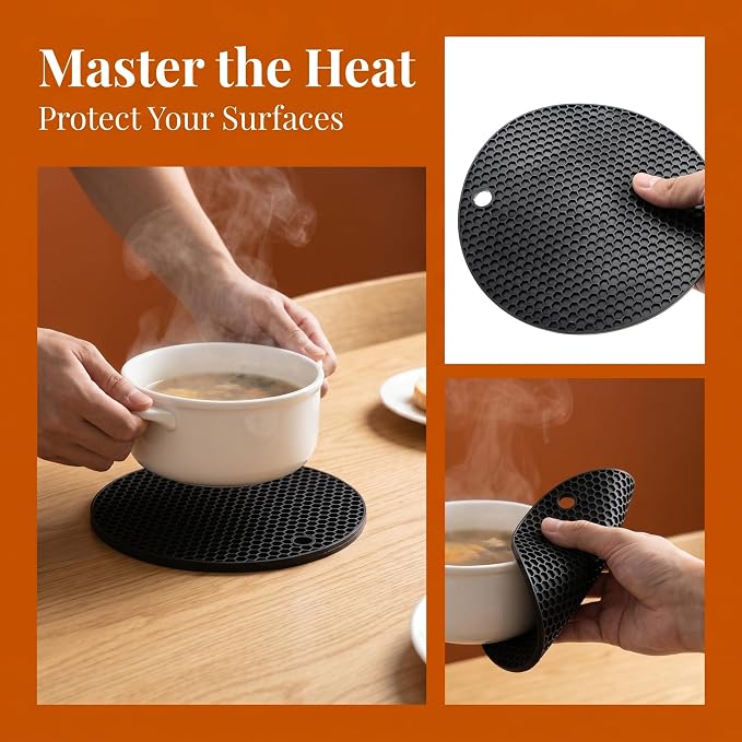 Silicone Trivets, 4 Pack Heat Resistant Mats, Non-Slip Protector | Withstands -40°F to 440°F, Premium BPA-Free Silicone, Multi-Use as Coaster Mat & Jar Opener, Dishwasher Safe