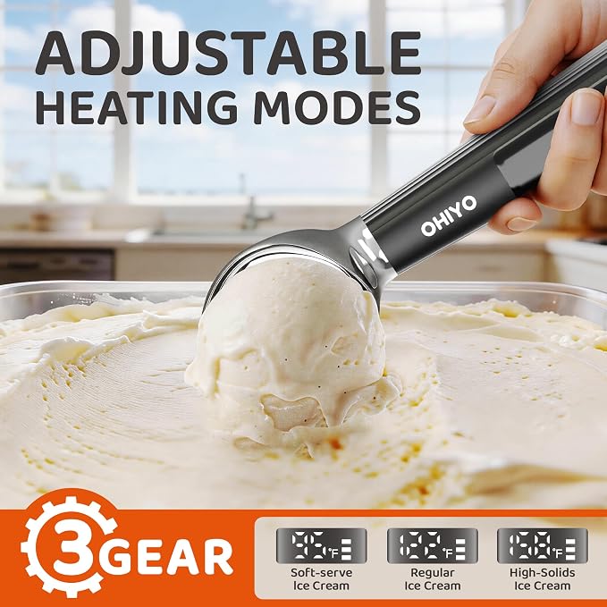 Heated Ice Cream Scoop Rechargeable, OHIYO Electric Icecream Scooper with 3 Temperature, LED Display & 3200mAh Fast Heating Scoop for Hard Ice Cream, Gelato, Frozen Yogurt & Sorbet (Black)