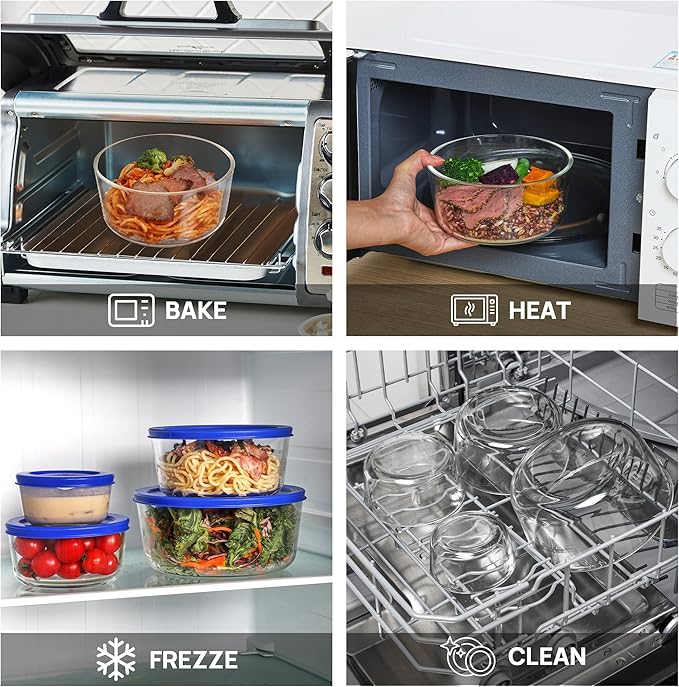 Vtopmart 4 Pack Glass Bowls with Lids (1, 2, 4, 7 Cup) | Food Storage Containers, Meal Prep and Leftovers Keeper, Lunch Container, Microwave, Dishwasher & Freezer Safe, BPA Free