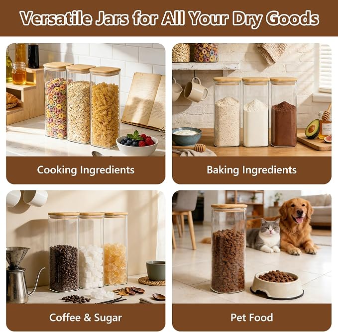 KEYWING 72oz Glass Spaghetti Pasta Storage Containers with Lids, 3 Pack | Tall Square Glass Canisters for Pantry Organization, Ideal for Flour, Cereal, Sugar, Beans and Various Dry Food Ingredients