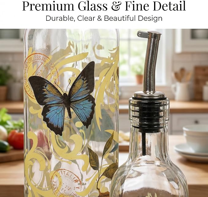 Topadorn Set of 2 Butterfly Olive Oil Dispenser Bottles, 17oz Decorative Glass Oil & Vinegar Cruet Set with Pour Spouts, Refillable Kitchen Countertop Dispensers
