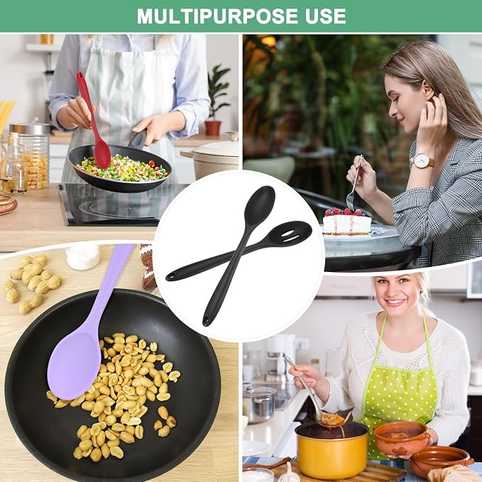 M METERXITY 2-Pack Silicone Spoons for Cooking, 10.6" Mixing Nonstick Slotted and Solid Serving Spoons Heat Resistant Utensils Spoons for Kitchen/Cooking/Baking/Stirring Mixing Tools [Black]