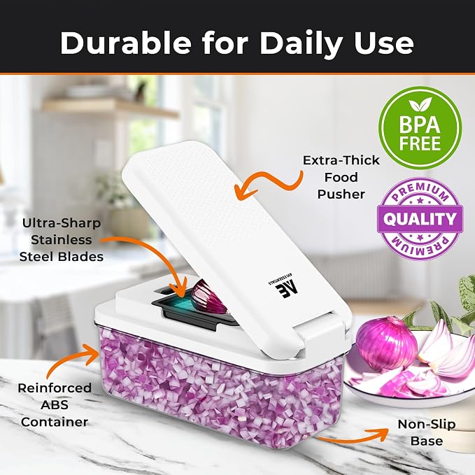 Pro Food Chopper - Premium 9 in 1 Vegetable Chopper with 7 Interchangeable Blades, Fruit Slicer, Vegetable chopper with Container and Lid, Kicthen Essentials