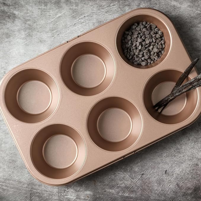 6 Cup Jumbo Muffin Pan Nonstick, PFOA & BPA Free | | Non-Toxic - High Carbon Steel - Gold - Large Cupcake Tin for Oven Baking
