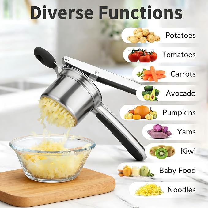 Heavy Duty Stainless Steel Potatoes Ricer and Potato Smasher - Professional Grade Kitchen Tool for Mashing Potatoes, Vegetables & Fruits - Large Capacity Press with Ergonomic Soft Grip Handles
