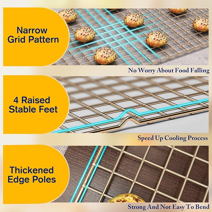 2PCS Cooling Racks for Cooking and Baking - 10" x 16"Heavy Duty Stainless Steel Wire Rack for Baking, Grilling, Roasting - Oven & Dishwasher Safe - Fits Half Sheet Pan（Gold）