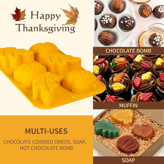 Fall Soap Molds Silicone Acorn Leaf Mold, 3 Pack Fall Autumn Baking Molds for Muffin Mini Cakes Jello Jumbo Chocolate, 3D Thanksgiving Molds for Making Soap Wax Candle