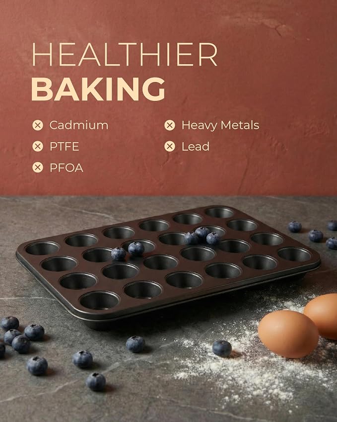 CARTMAN 24-Cup Mini Muffin Pan, Nonstick Carbon Steel Mini Cupcake Tin | Includes 200 paper liners, 24-cup nonstick carbon steel, oven safe 450°F, ideal for egg bites, mini cupcakes & brownies