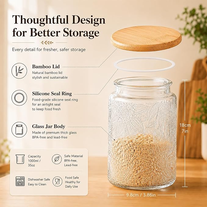 Glass Storage Jars with Airtight Bamboo Lid, 35 FL oz - Decorative Food Canisters for Kitchen Counter, Ideal for Sugar, Coffee, Tea, Candy, Cookies (35oz Large Sunflower)