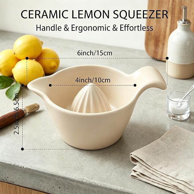 4 inch Ceramic Lemon Squeezer - Manual Citrus Juicer with Handle and Easy Pour Spout for Lemon, Orange, Lime&Grapefruit -Easy to Clean Hand Press Juicer,Microwave & Dishwasher Safe,Lead-Free (Beige)