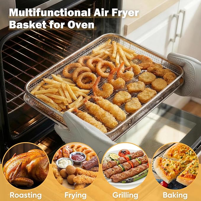E-far Air Fryer Basket for Oven, Large 16” x 12” Stainless Steel Air Fryer Pan and Crisper Tray, Air Fryer Rack with Baking Pan for Crisper Foods Frying Healthy Cooking, Dishwasher Safe
