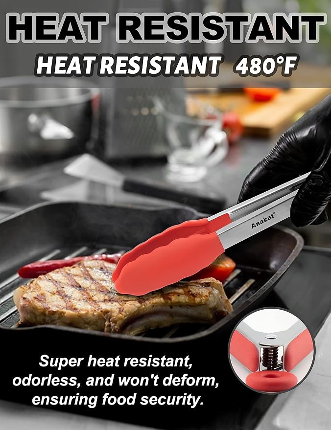 Anaeat Non-Stick Silicone Locking Tong Set of 3 - Stainless Steel 7", 9" and 12" Kitchen Food Tongs with Non-Slip Silicone Tips and Grip for Cooking, Baking and BBQ - Heat Resistant up to 480°F