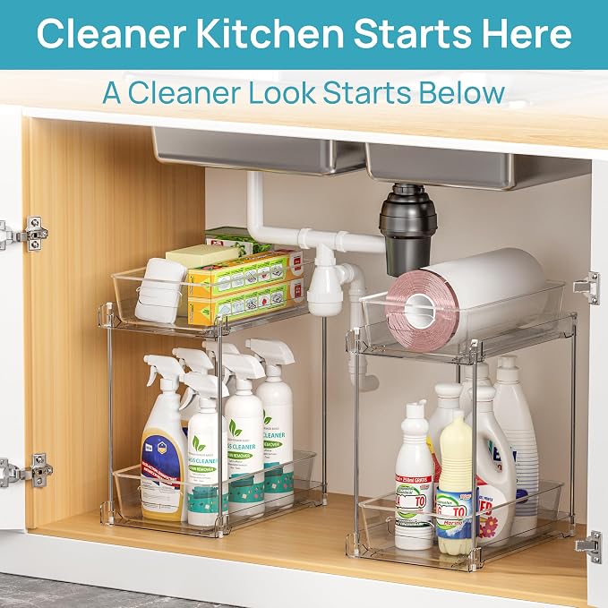 Vtopmart 4 Pack Taller Pull Out Bathroom Under Sink Organizer (S-Higher) | Slide-out drawers, Multi-purpose storage, Clear visibility, Easy Set-up