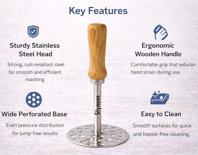 Slynuss ® | Potato Masher Stainless Steel | Pav Bhaji Smasher for Kitchen with Wooden Handle | Potato Smasher | kitchen utilities | Pack of 1| (Round-Size-3), 8.5 CM
