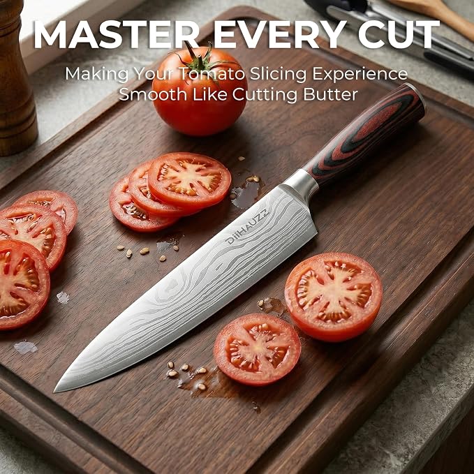 DiiHAUZZ 8 Inch Chef Knife, High Carbon Stainless Steel - Ultra Sharp Kitchen Gyutou Knife for Slicing Meat, Dicing Vegetables and Daily Meal Prep, Ergonomic Handle with Sheath, Gift Box