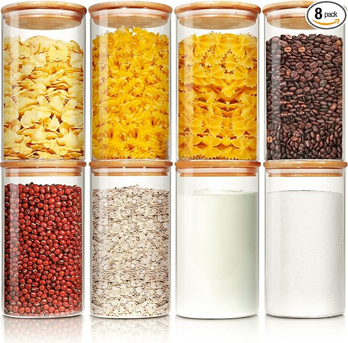HomArtist Glass Jars with Bamboo Lids 28 floz [Set of 8], Glass Canisters with Airtight Lids, Glass Food Storage Containers for Pasta, Oats, Coffee, Flour, Sugar, Rice, Best for Kitchen & Pantry | Pantry Jars for Pasta, Rice, Sugar & Flour, Durable Bor...