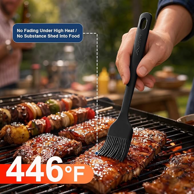 Silicone Basting Brush Set, 2-Pack Food-Grade BPA-Free Pastry Brush, 446°F Heat Resistant with Reinforced Inner Core, One-Piece Design for BBQ, Grilling, Baking, Butter, Marinades & Oil (Black)