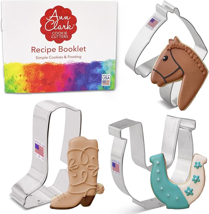 Ann Clark Western/Horse Cowboy Cookie Cutters 3-Pc. Set (Horse Head, Cowboy Boot, and Horseshoe) Made in USA
