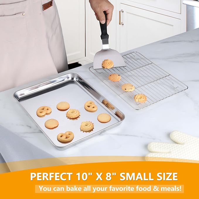 Homikit Small Baking Sheet with Wire Rack for Toaster Oven (1 Pan+1 Rack) | 10.4x8 Inch Stainless Steel Baking Pan with Rack Set, Metal Cookie Sheets Rust Free, Nonstick Bacon Tray Dishwasher Safe