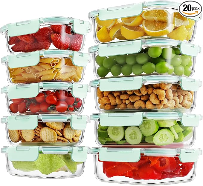 HOMBERKING 10-Pack Glass Meal Prep Containers, 36 oz/14 oz, Locking Lid Set | Borosilicate Glass Food Storage Containers Set, Airtight Lunch Bento Boxes, BPA-Free, Dishwasher Freezer, Oven Safe-Blue