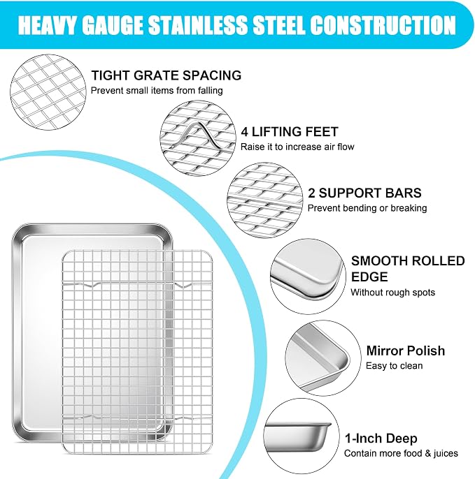 E-far Baking Sheet with Wire Rack Set, 12.5" x 9.7" (1 Pan +1 Cooling Rack) | Stainless Steel Sheet Pan with Cooling Rack for Oven, Metal Broiling Tray for Cooking Roasting, Non-Toxic, Dishwasher Safe