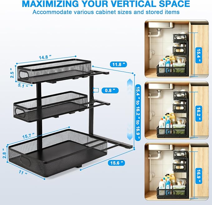 Thickened Meta 3-Tier Pull Out Under Sink Organizer 2 Pack | Height Adjustable Slide out Storage Drawer Rack for Kitchen Bathroom Home Organization| 35% More Storage Capacity