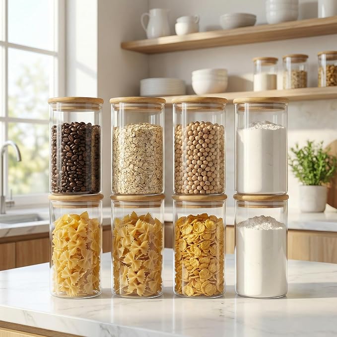 HomArtist Glass Jars with Bamboo Lids 28 floz [Set of 8], Glass Canisters with Airtight Lids, Glass Food Storage Containers for Pasta, Oats, Coffee, Flour, Sugar, Rice, Best for Kitchen & Pantry | Pantry Jars for Pasta, Rice, Sugar & Flour, Durable Bor...